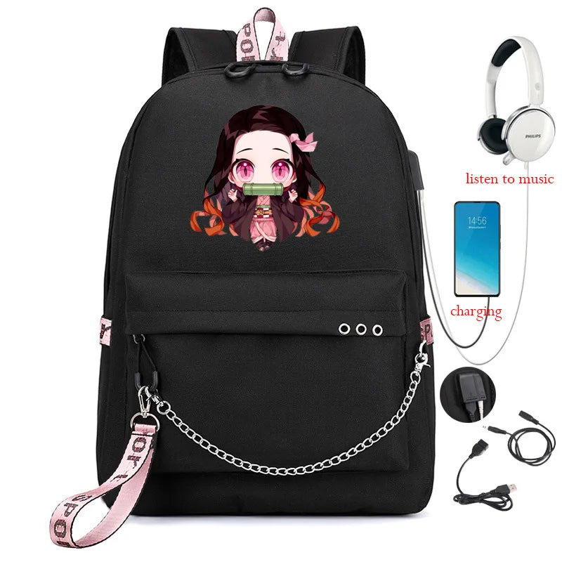 Mochila Demon Slayer impermeable con puerto USB – Diseño Kamado Nezuko
